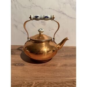 Vintage Copper Tea Pot Kettle With Blue And White Porcelain Handle & Knob on lid